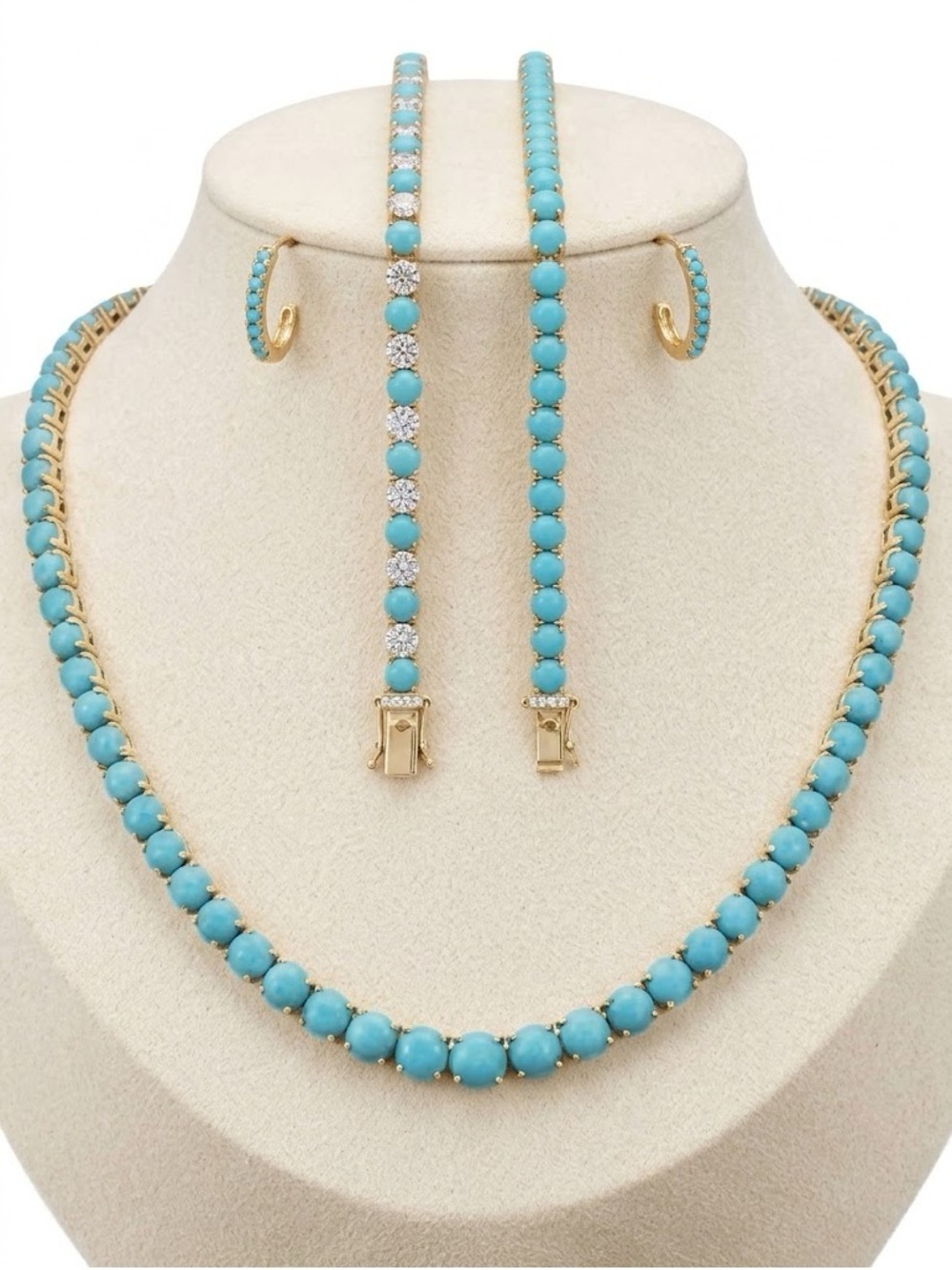 New Turquoise Color Tennis Necklace, Bracelets and Earrings 4-Piece Set